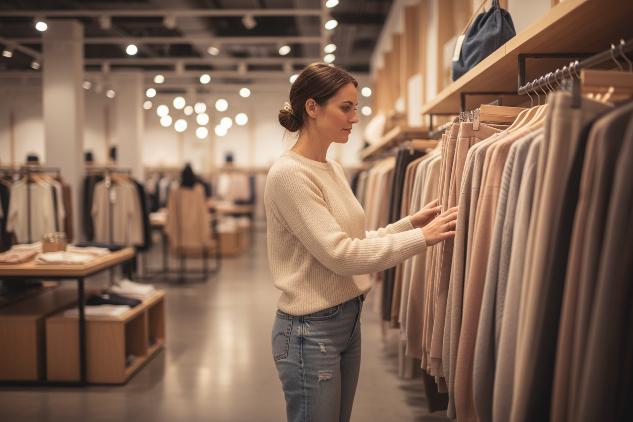 maak een foto van een vrouw in een winkel die aan het shoppen is, casuale uitstraling maak hem echt goed met mooie overgang ect