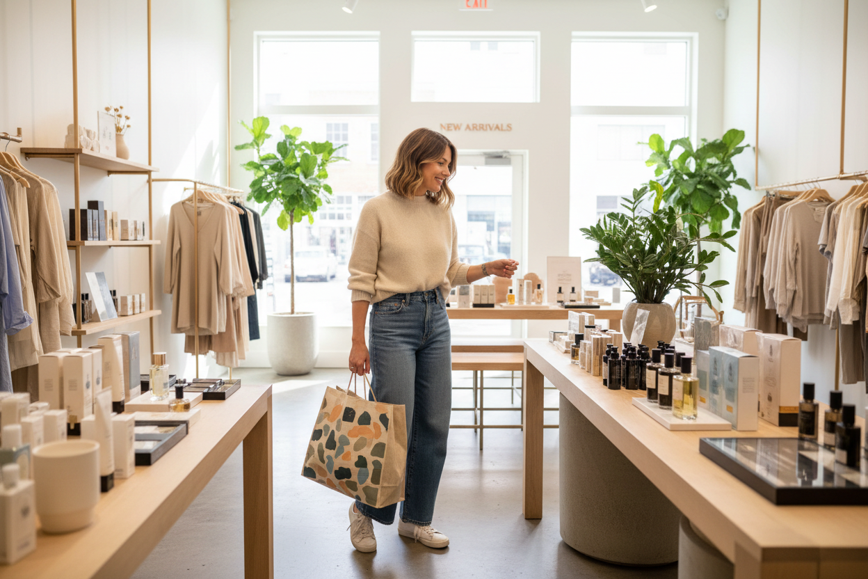 maak een video! dat een vrouw aan het shoppen is